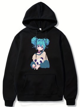 Anime Girl Pattern Hoodie With Kangaroo Pocket, Men's Casual Stretch Pullover Hooded Sweatshirt