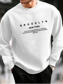 BROOKLYN NEW YORK Print Fashionable Men's Casual Long Sleeve Crew Neck Pullover Sweatshirt,Suitable For Outdoor Sports,For Autumn Spring,Can Be Paired With Hip-hop Necklace,As Gifts